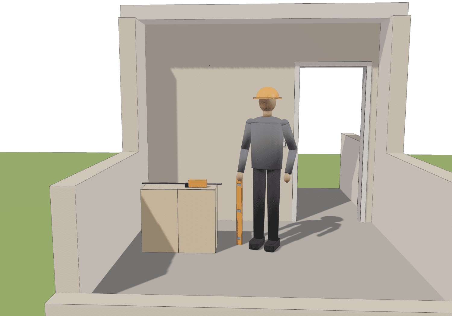 Ein Hängeschrank steht auf dem Boden, darauf Montageschiene und Bohrmaschine, daneben eine Person mit Wasserwaage