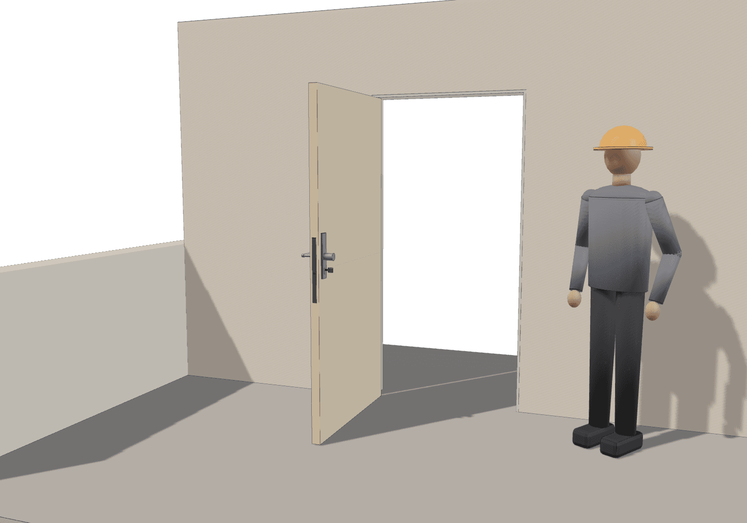 Eine geöffnete Wohnungstür mit Schließzylinder im Schloss, daneben eine Person zum Größenvergleich